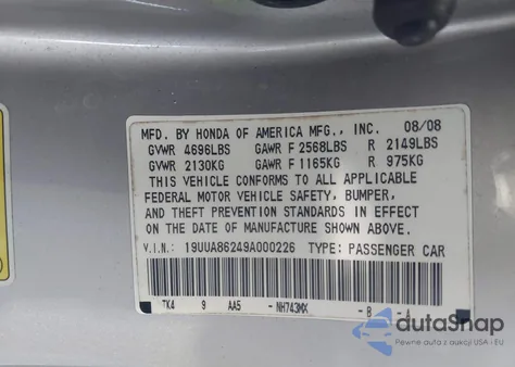 2009 Acura Tl 3.5 z USA, uszkodzony, nr VIN 19UUA86249A000226